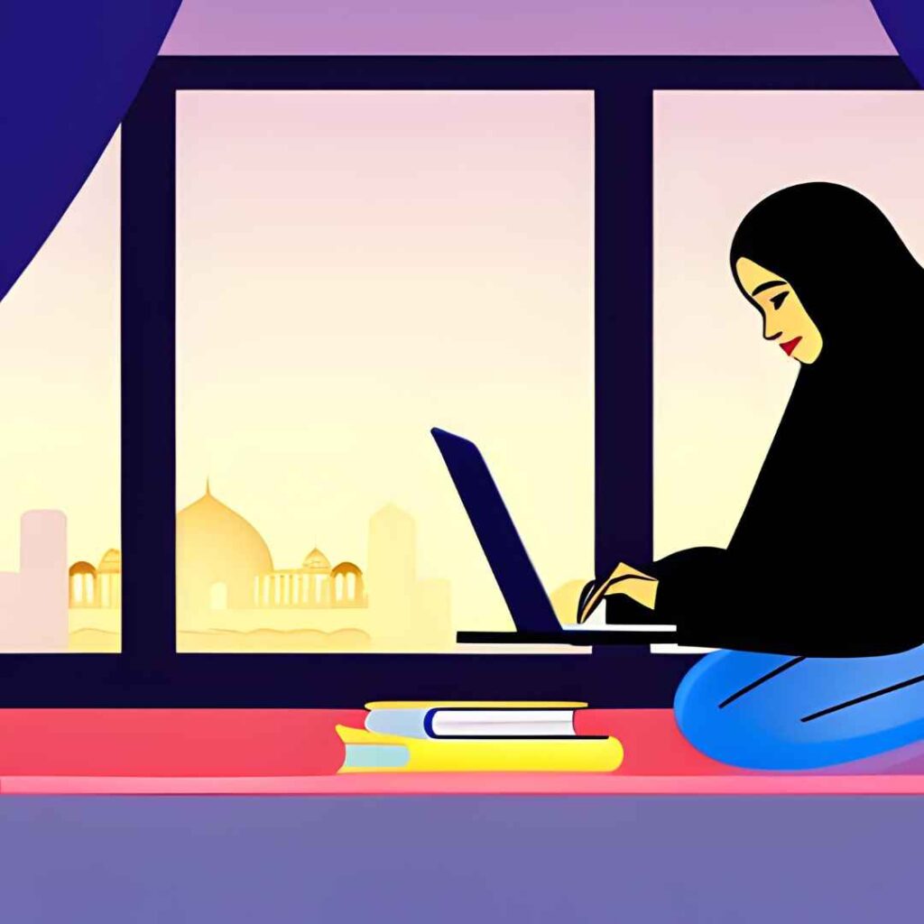 ilustrasi dari Canva Text to Image: illustration of a mom wearing a hijab is writing a blog post on a laptop in the room with a window that show stars on the dark sky outside the window